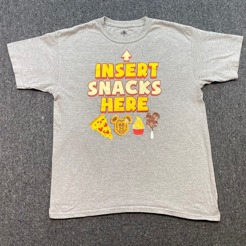 Disney Parks Insert Snacks Here TShirt Sz XL Mens Gray Retro Mickey Waffle Pizza